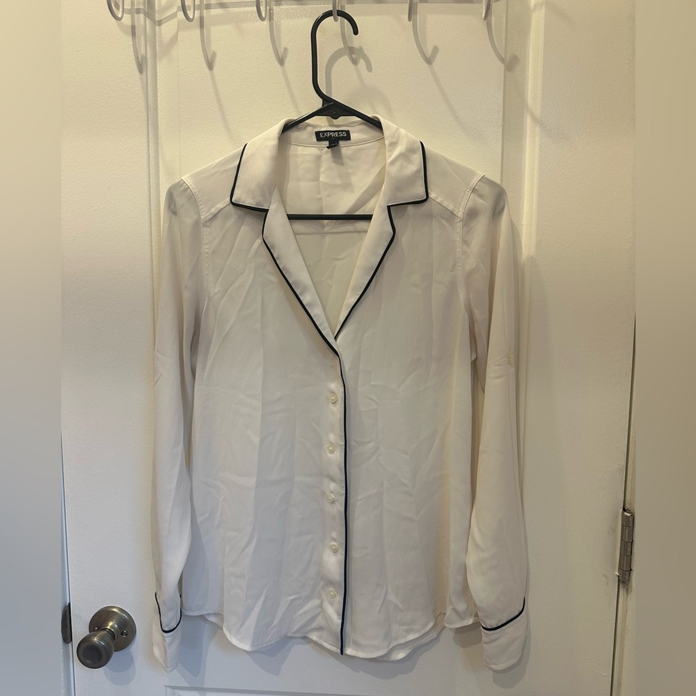 Express Cream Blouse with Black Trim Accent